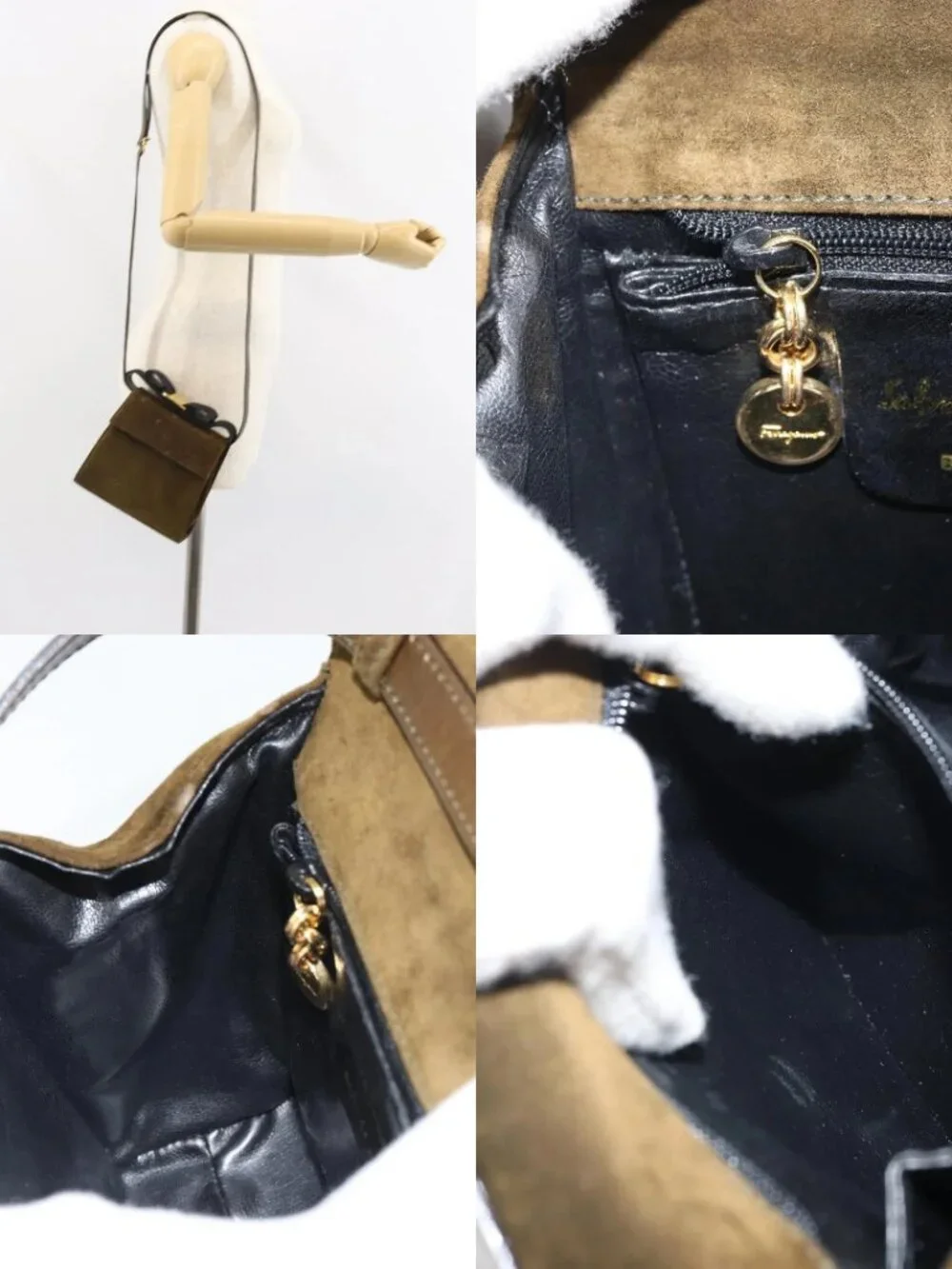 Salvatore Ferragamo Vala Shoulder Bag Suede 2way Green Gold Auth BA9381